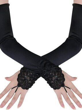 Women's Long Smooth Black Long Opera Party 20s Satin Glove Stretchy Elbow Length